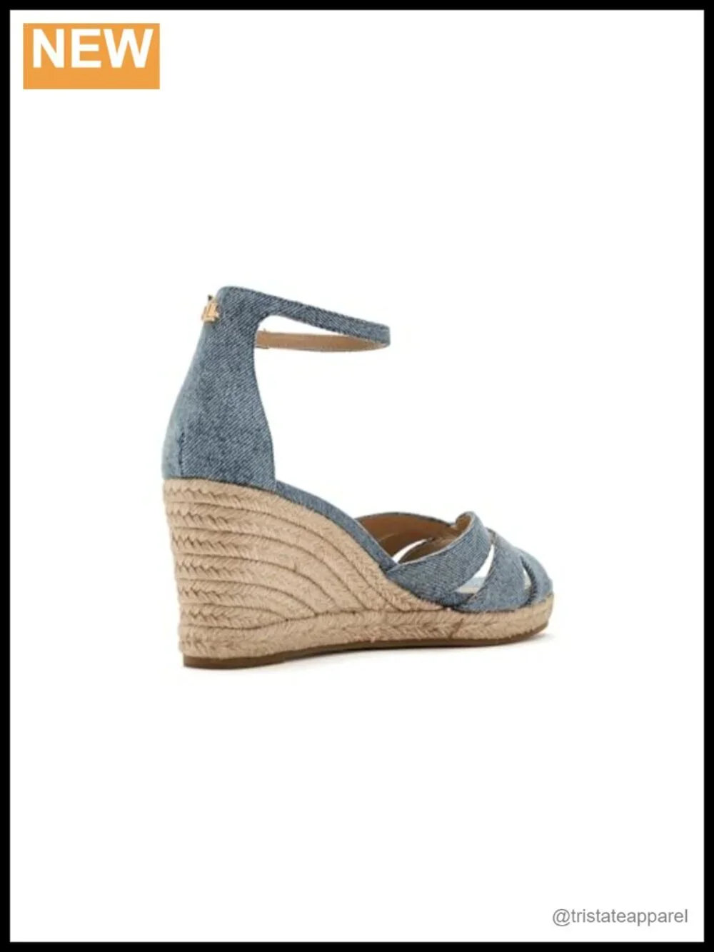 Nappa Denim Espadrille Wedge Sandal with Ankle Strap and Jute Heel